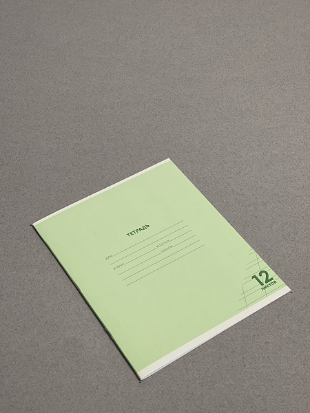 Тетрадь 12 листов в косую линию ЗЕЛЁНАЯ, обложка из мелованного картона (200г/м2), блок офсет (92%, 60г/м2)
