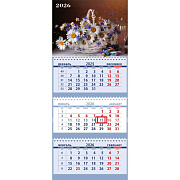 Календарь 2026 3-х блоч. "Attomex. Ромашки" (295x700 мм) на 3-х пружинах, складной с курсором, кольцо пикколо, офсет 65 г/м², печать в 2 краски, обложка мелованный картон 250 г/м², печать в 4 краски + ВД-лак, пластиковый пакет с евро подвесом