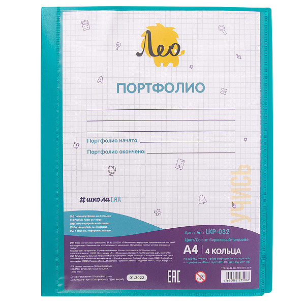 Папка-портфолио на 4 кольцах  A4  700 мкм  25 мм  песок бирюзовый  "Лео"   "Учись"