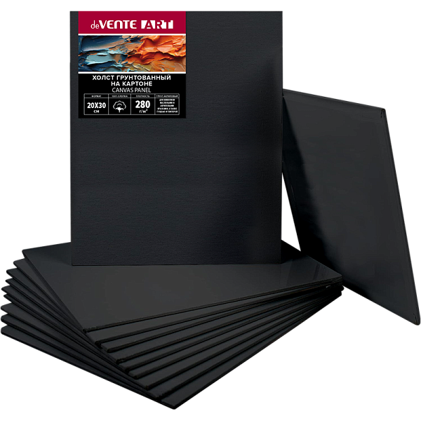 Холст на картоне 20x30 см грунтованный 100% хлопок 280 г/м², мелкое зерно, цвет черный, "deVENTE. ART" термоусадочная пленка