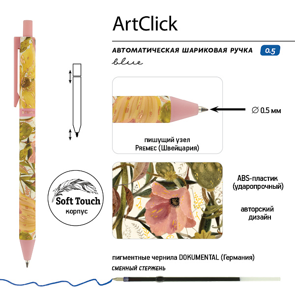 Ручка шариковая 0,5 мм "ArtClick.Flora.Bloom flowers" СИНЯЯ 3 ВИДА 