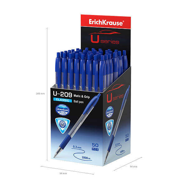 Ручка шариковая автомат. ErichKrause U-209 Matic&Grip Classic 1.0, Ultra Glide Technology, СИНЯЯ (в коробке по 50 шт.)
