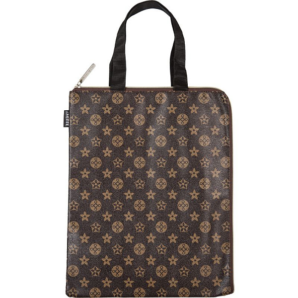 Папка для тетрадей А4 "deVENTE. Monogram" коричневая, на молнии с двух сторон, вертикальная, с ручками, внутренний большой карман и 2 маленьких кармана, искусственная кожа до -40C с антивандальной фактурой, с подкладом, в пластиковом пакете,