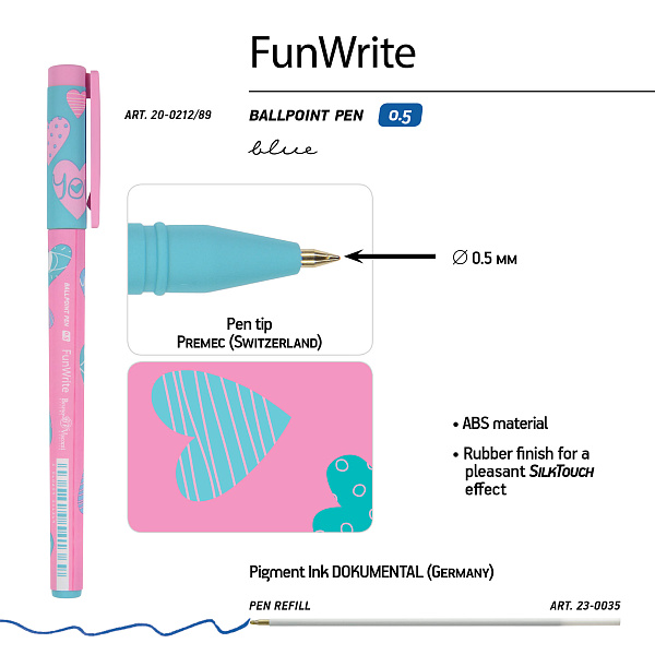 Ручка шариковая 0,5 мм "FunWrite. Сердечки. Эмоции. Роза" СИНЯЯ