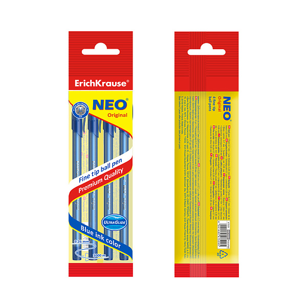 Набор из 4 ручек шариковых ErichKrause Neo® Stick Original 0.7, Super Glide Technology, цвет чернил синий (в пакете)