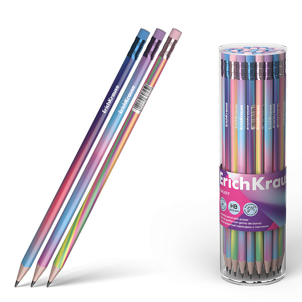 Карандаш ч/г HB ErichKrause Galaxy, трехгранный, с ластиком, HB (в тубусе)