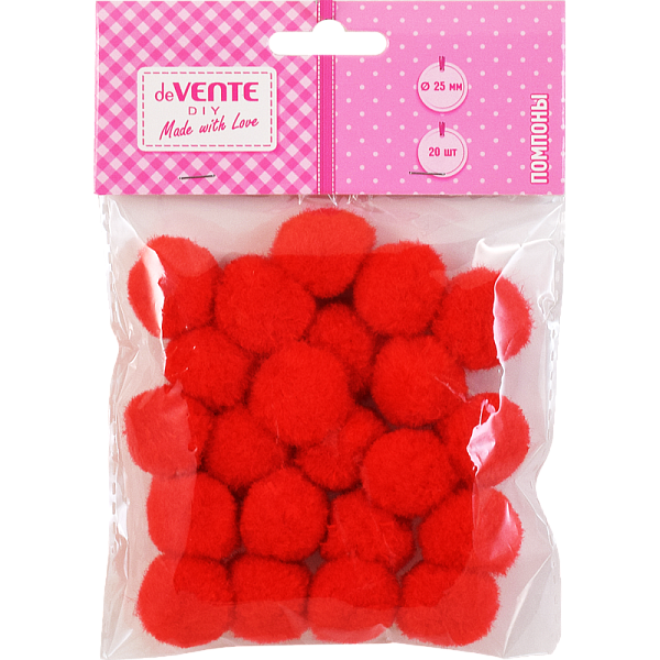 Набор помпонов для творчества "deVENTE" 25 мм, 20 шт, цвет красный, в пластиковом пакете с блистерным подвесом