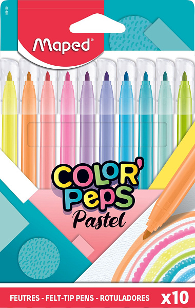 Фломастеры 10 цв. Maped PASTEL с заблокированным пишущим узлом, средний пишущий узел, смываемые, 10 пастельных цветов, в картонном футляре, 