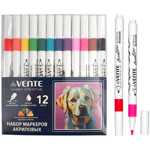 Набор маркеров акриловых "deVENTE. HOBBY CREATIVE. Classic&Pastel" 12 цв. круглый корпус, пулевидный наконечник, ширина линии 2 мм, в пластиковой коробке