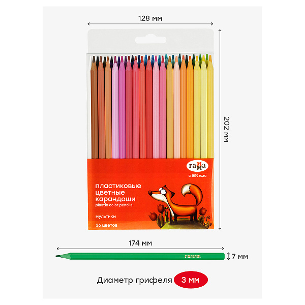 Карандаши 36 цветов Гамма "Мультики", шестигранный пластиковый корпус, заточенные, ПВХ упаковка