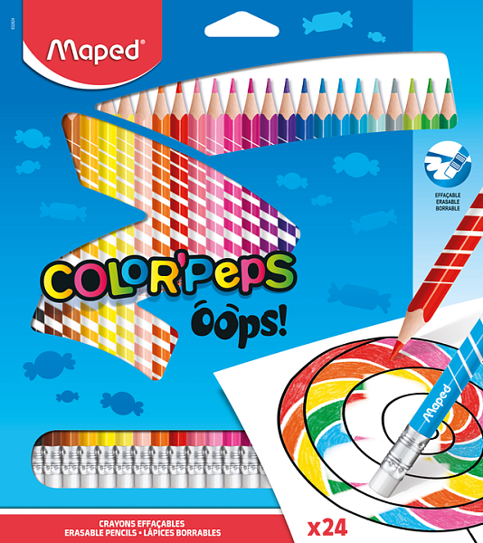 COLOR'PEPS OOPS Цветные карандаши с ластиком, пластиковые, 24 цвета, в картонной коробке с подвесом (10216170/250420/0108973/13    , КИТАЙ)