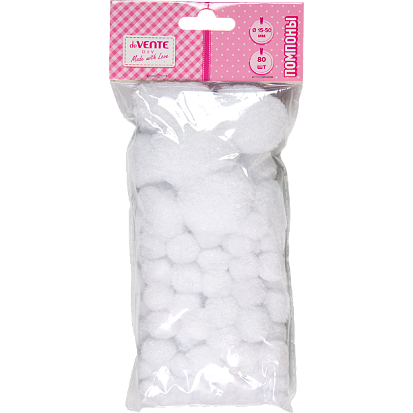 Набор помпонов для творчества "deVENTE. DIY" 80 шт, белые (15 мм - 30 шт, 20 мм - 20 шт, 25 мм - 20 шт, 38 мм - 6 шт, 50 мм - 4 шт) в пластиковом пакете с блистерным подвесом
