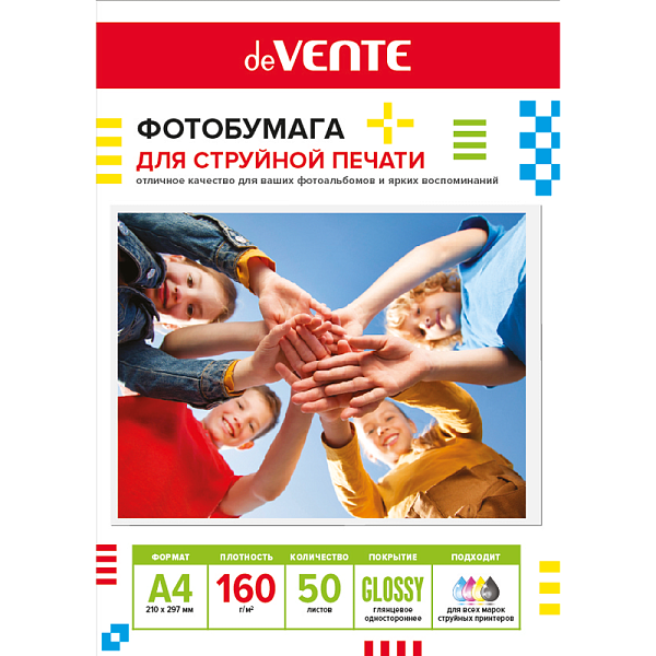 Фотобумага для струйной печати "deVENTE" A4, 50 л, 160 г/м², глянцевая односторонняя, в пластиковом пакете с европодвесом