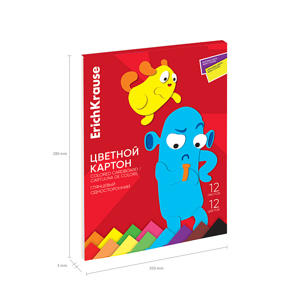 Картон А4 12 цв. 12 л. глянцевый ErichKrause, Jolly Friends, в папке (с флюор.), игрушка-набор для детского творч.