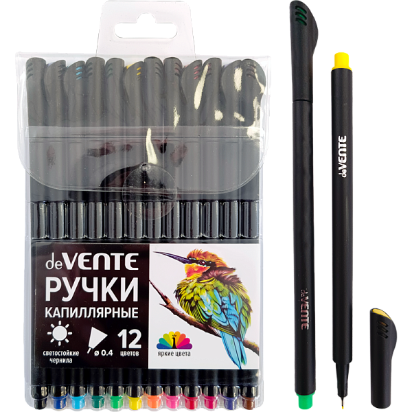 Набор ручек капиллярных "deVENTE. Drops" 12 цветов, d=0,4 мм, с круглым черным корпусом, в пластиковом блистере