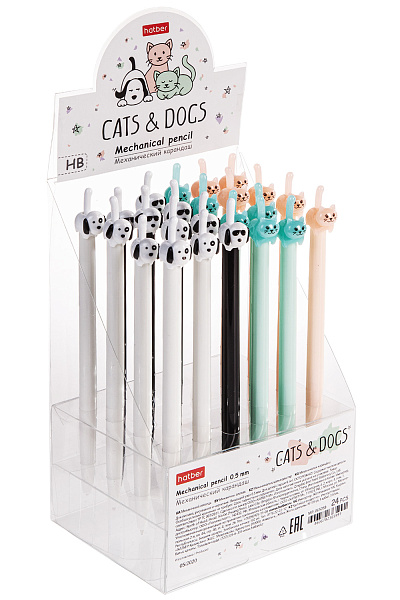Карандаш автомат. 0,5 мм Hatber с ластиком "Cats&Dogs.Ассорти" 24шт. в прозрачном ПВХ-боксе