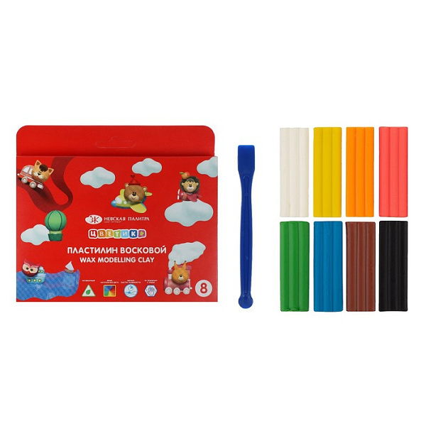 Пластилин 8 цв. восковой со стеклом "Цветик", 120г в карт.кор.