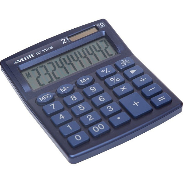 Калькулятор 10 разр., "deVENTE" DD-3310B, 105x127x21 мм, Синий, 2-е питание, автоматическое вычисление процентов, функция смены знака, коррекция последнего введенного значения, работа с памятью, автоматическое отключение, прорезиненные ножки, в карто
