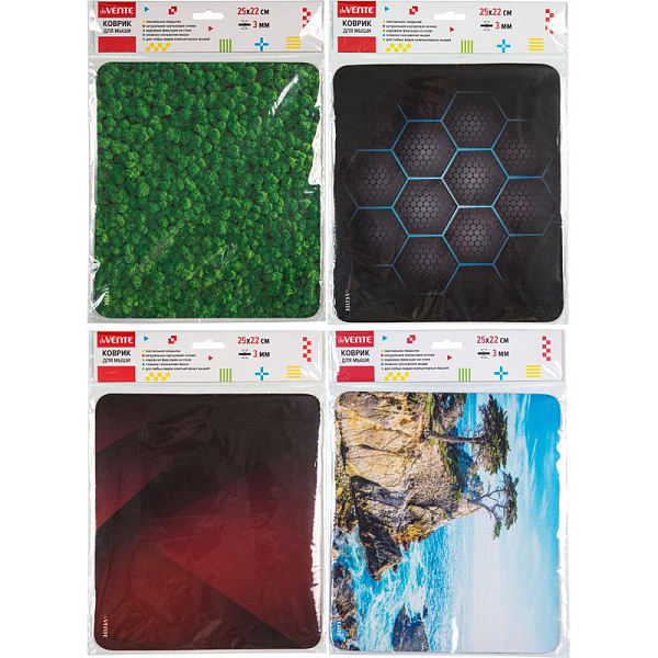 Коврик для мыши deVENTE текстильное покрытие, 250x220x3 мм, 4 дизайна ,нескольз. натурал.каучук основа, надежная фиксация, плавное скольжение мыши, для любого вида компьютерных мышек, 4 дизайна ассорти, индивидуальная упаковка