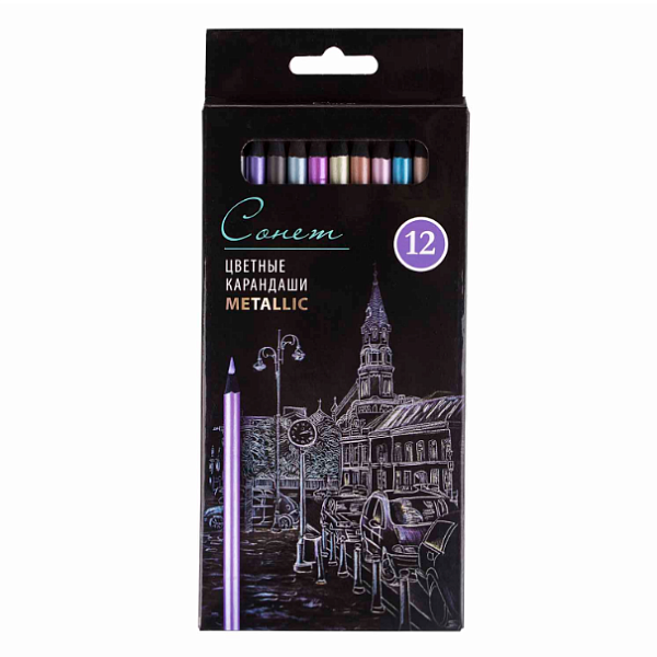 Карандаши худож. 12 цв. "Сонет" металлик", черное дерево