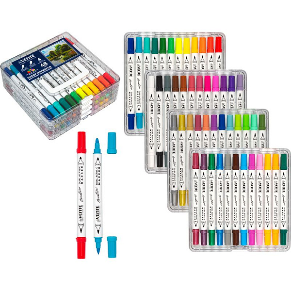Набор маркеров акриловых "deVENTE. HOBBY CREATIVE. Classic&Pastel" 48 цв. двусторонние (кистевидный 1-5 мм/пулевидный 2-4 мм), круглый корпус, в пластиковой коробке