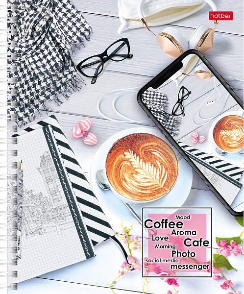 Тетрадь А5 96 листов в клетку на гребне, "Время для кофе", обложка мелованный картон, 60 г/м2