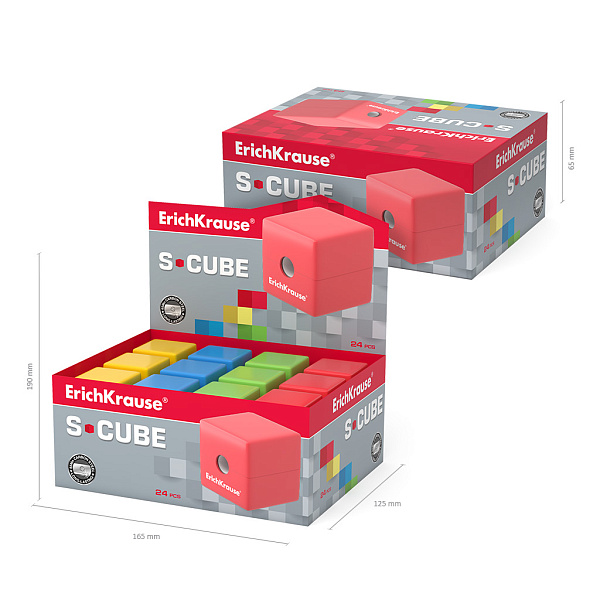 Точилка 1 отв. ErichKrause S-Cube, Neon, с контейнером, ассорти (в коробке-дисплее по 24 шт)