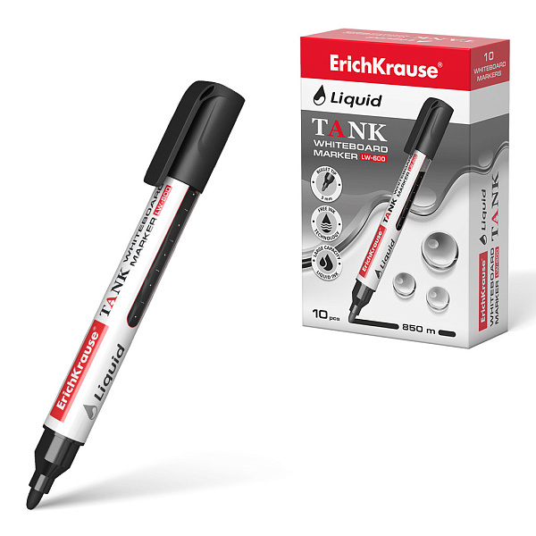 Маркер для досок с жидкими чернилами ErichKrause® Tank LW-600, цвет чернил черный (в коробке по 10 шт.)