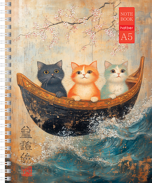 Тетрадь 48 листов в клетку на гребне "Коты и море" 60-65г/кв.м Обл. мел.картон мат ламин,тиснение 4 диз.в блоке скругл.углы