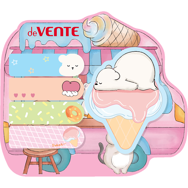 Набор бумага на л/п "deVENTE. Bear&Ice cream" 125x110 мм, размер заметок: 50x15 мм и 55x71 мм, 5x20 л., офсет 80 г/м², печать 4+0, ассорти форм, 5 дизайнов, в картонном блистере и пластиковом пакете с европодвесом