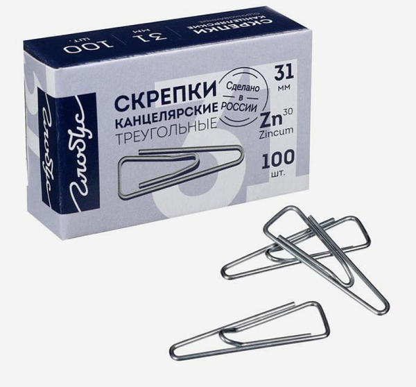 Скрепки 31 мм 100 шт треуг. с загнутым краем, оцинкованные Глобус
