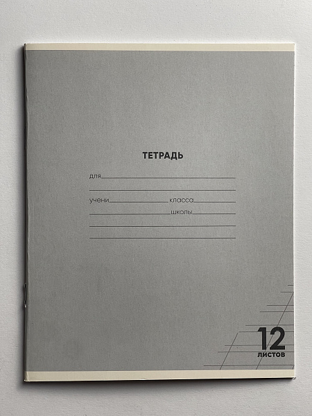 Тетрадь 12 листов в косую линию СЕРАЯ, обложка из мелованного картона (200г/м2), блок офсет (92%, 60г/м2)