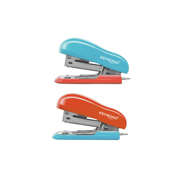 Степлер мини на 10 л. KEYROAD + скобы 26/6 1000шт, ассорти блистер