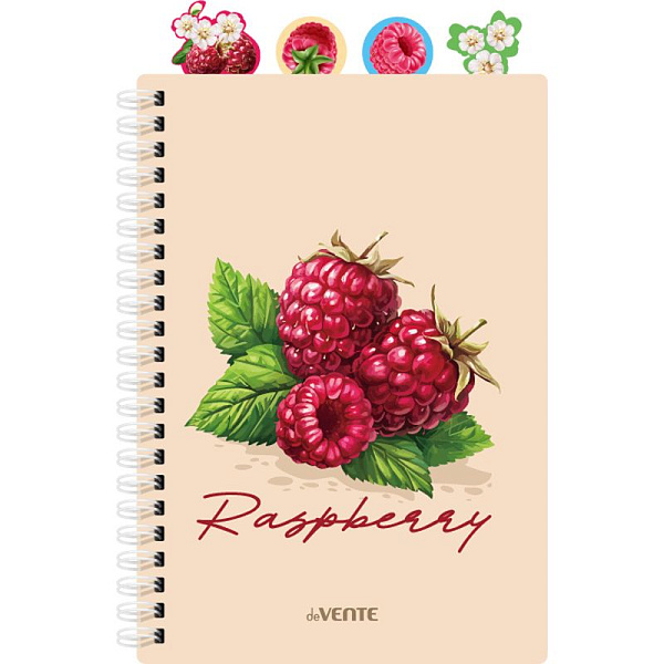 Тетрадь 80 листов в клетку на гребне с разделителями "deVENTE. Fruits. Raspberry"  А5 (145x208 мм) пластиковая обложка, белая бумага 70 г/м², цветная печать, 4 пластиковых разделителя с фигурной вырубкой и дизайном, термоусадочная пленка