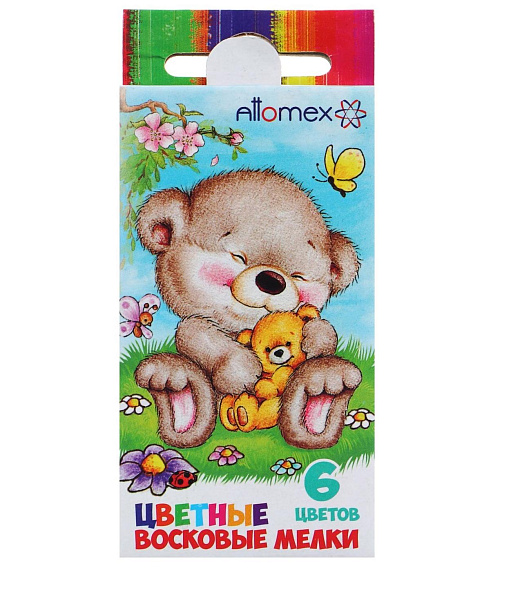 Карандаши мелки восковые 6 цветов, в картонной коробе с подвесом