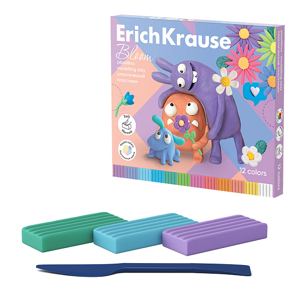 Пластилин 12 цв. ErichKrause Jolly Friends Pastel Bloom классический, со стеком, 216 г 