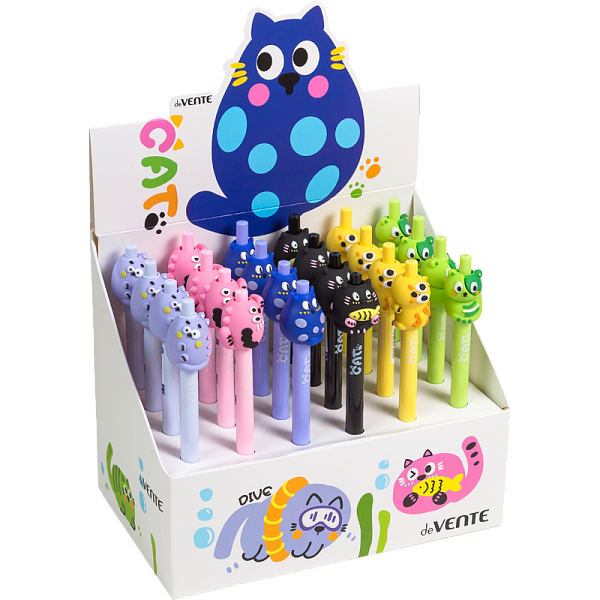 Ручка шариковая автомат. 0,7 мм deVENTE. Cat СИНЯЯ  с декор. элементом,чернила на масл основе инд. марк. 6 дизайнов 