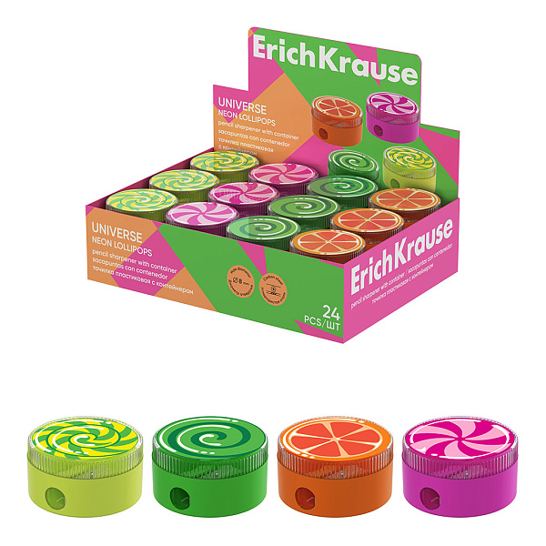 Точилка 1 отв. ErichKrause Universe, Neon Lollipops, пластиковая, с контейнером, ассорти (в коробке-дисплее по 24 шт)