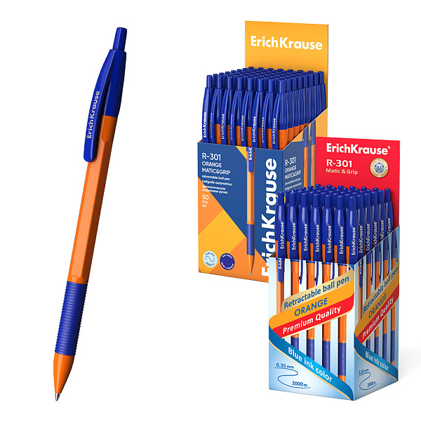 Ручка шариковая автоматическая ErichKrause® R-301 Orange Matic&Grip 0.7, цвет чернил синий (в коробке по 50 шт.)