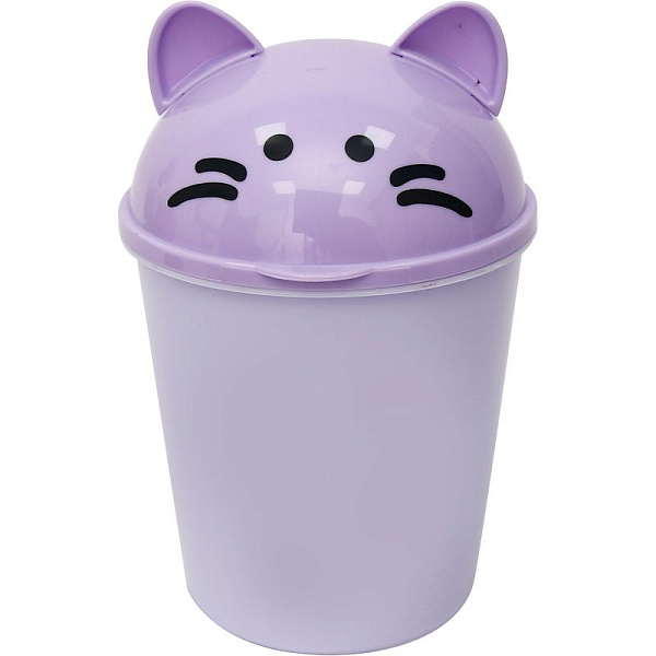 Контейнер для мусора, хранения "deVENTE. Ghost Meow" настольный пластиковый 17x11,5x8 см, в форме ведерка с крышкой в кошачьей тематике, сиреневый, в пластиковом пакете