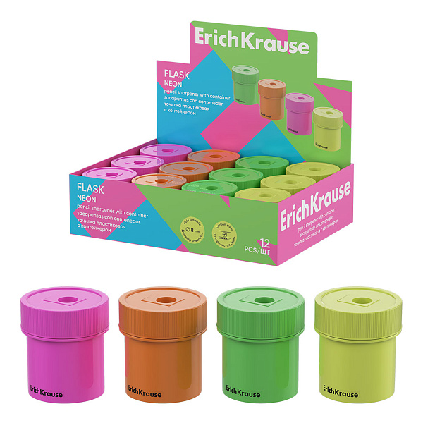 Точилка 1 отв. ErichKrause Flask, Neon, пластиковая, с контейнером, ассорти (в коробке-дисплее по 12 шт)