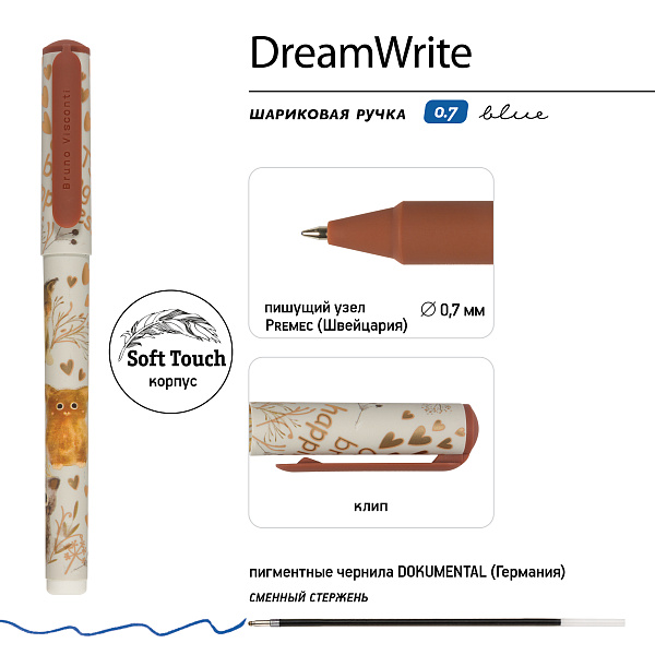 Ручка шариковая "DreamWrite. Сказочный день"  d 0.7 мм, Синие чернила, 3 вида   