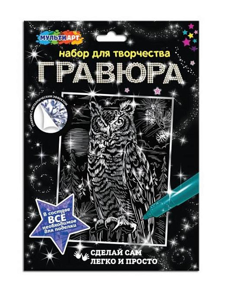 Гравюра А5+ 18*24 см "Сова сова" серебро  МУЛЬТИ АРТ 