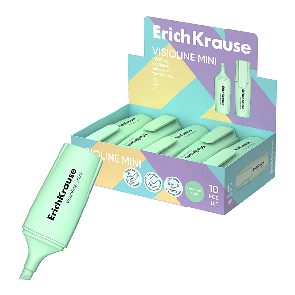 Маркер-текстовыделитель ErichKrause Visioline V-12 Mini Pastel, цвет чернил зеленый (в коробке-дисплее по 10 шт.)
