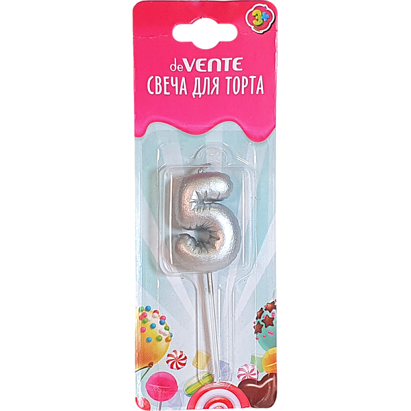 Свеча-цифра для торта "deVENTE. Воздушный шарик" 5, размер свечки 4,2x3,0x1,4 см, цвет серебристый, в пластиковой коробке с подвесом
