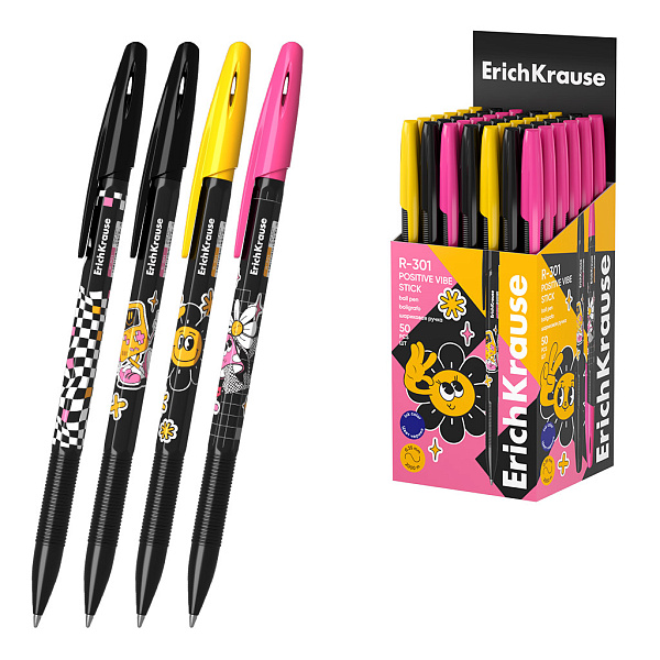 Ручка шариковая ErichKrause R-301 Stick Positive Vibe 0.7, СИНЯЯ (в коробке по 50 шт.)