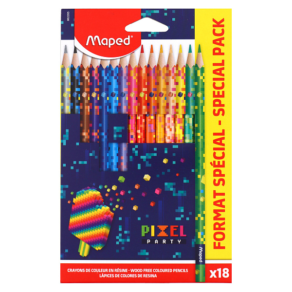 Карандаши 18 цв. Maped PIXEL PARTY пластиковые, треугольные, декорированные, в картонной коробке с подвесом