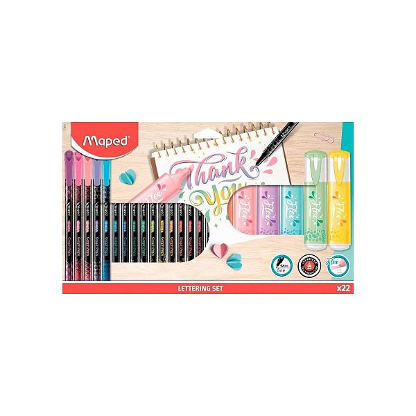 Набор для леттеринга Maped LETTERING SET 16 капиллярных ручек 0,4 мм, 6 текстовыделителей с гибким наконечником, в коробке с подвесом