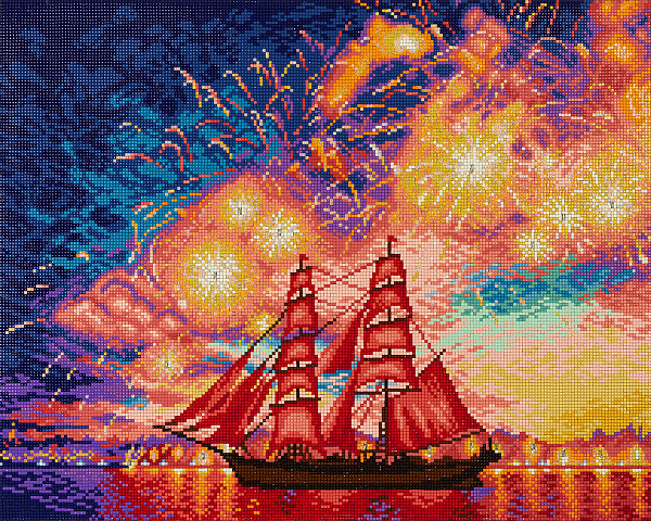Алмазная мозаика 50*40 "ФРЕЯ" на подрамнике "Алые паруса" (со светодиодами)