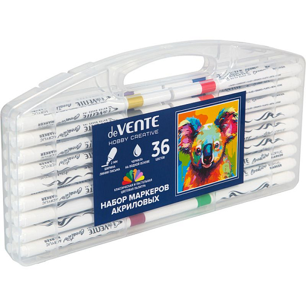 Набор маркеров акриловых "deVENTE. HOBBY CREATIVE. Classic&Pastel" 36 цв. круглый корпус, пулевидный наконечник, ширина линии 2 мм, в пластиковой коробке